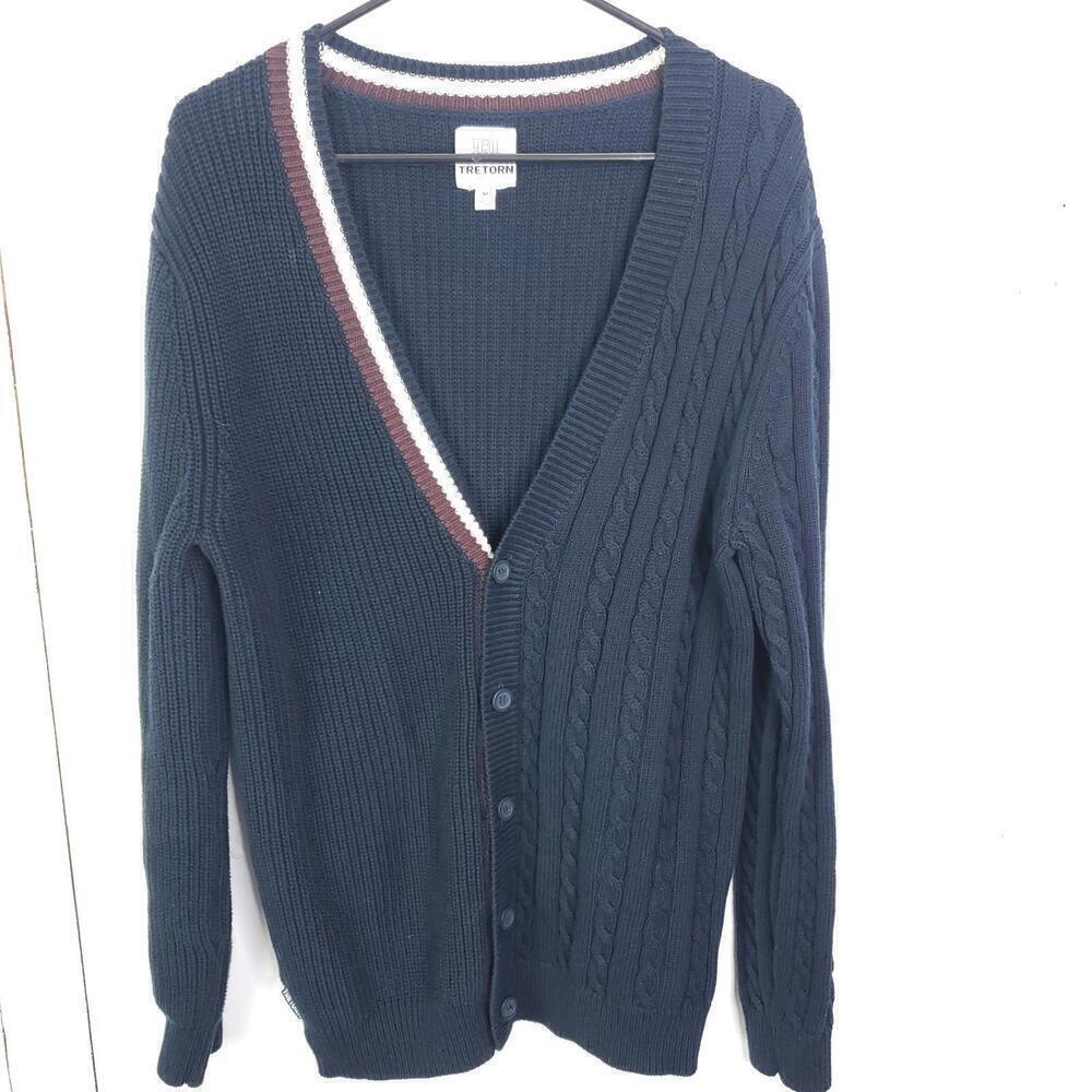 Tretorn Sweater Mens M Preppy Cardigan Cableknit Navy Academia Country Club